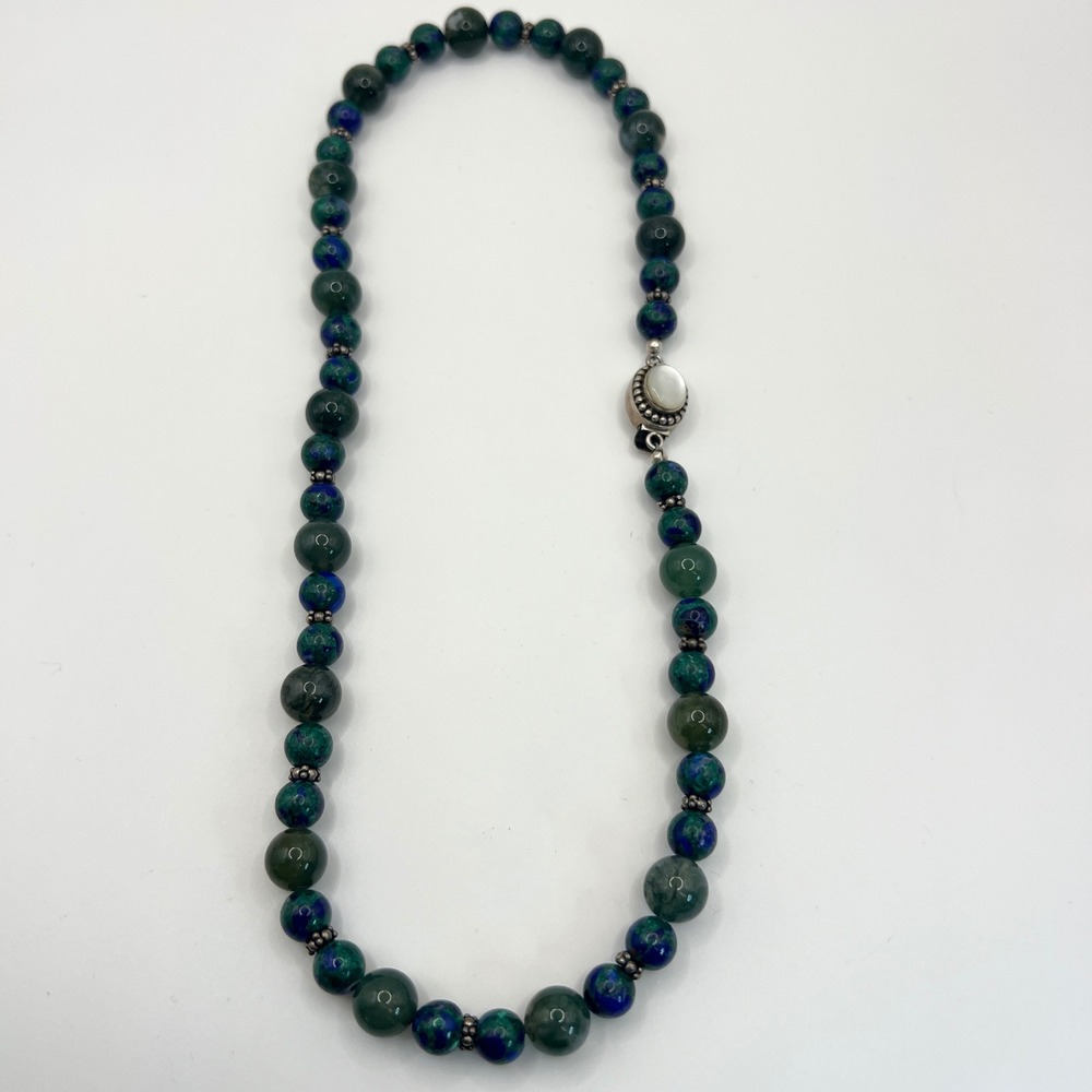 VTG 925 Sterling Azurite Malachite Moss Agate Mother of Pearl Beaded Necklace - Picture 13 of 13
